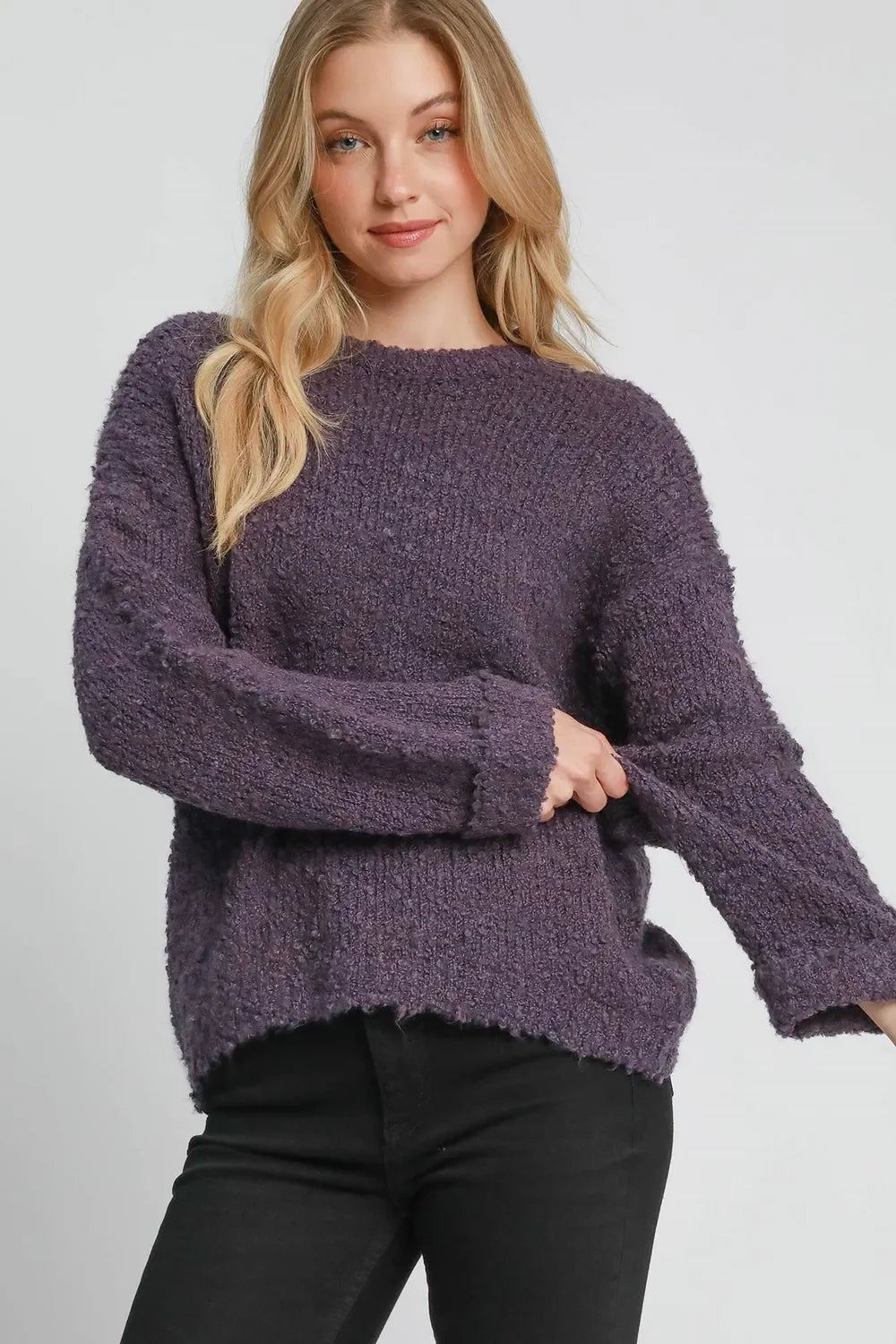 Umgee Full Size Round Neck Long Sleeve Boucle Sweater Plus Size - Quarter Circle AK Boutique