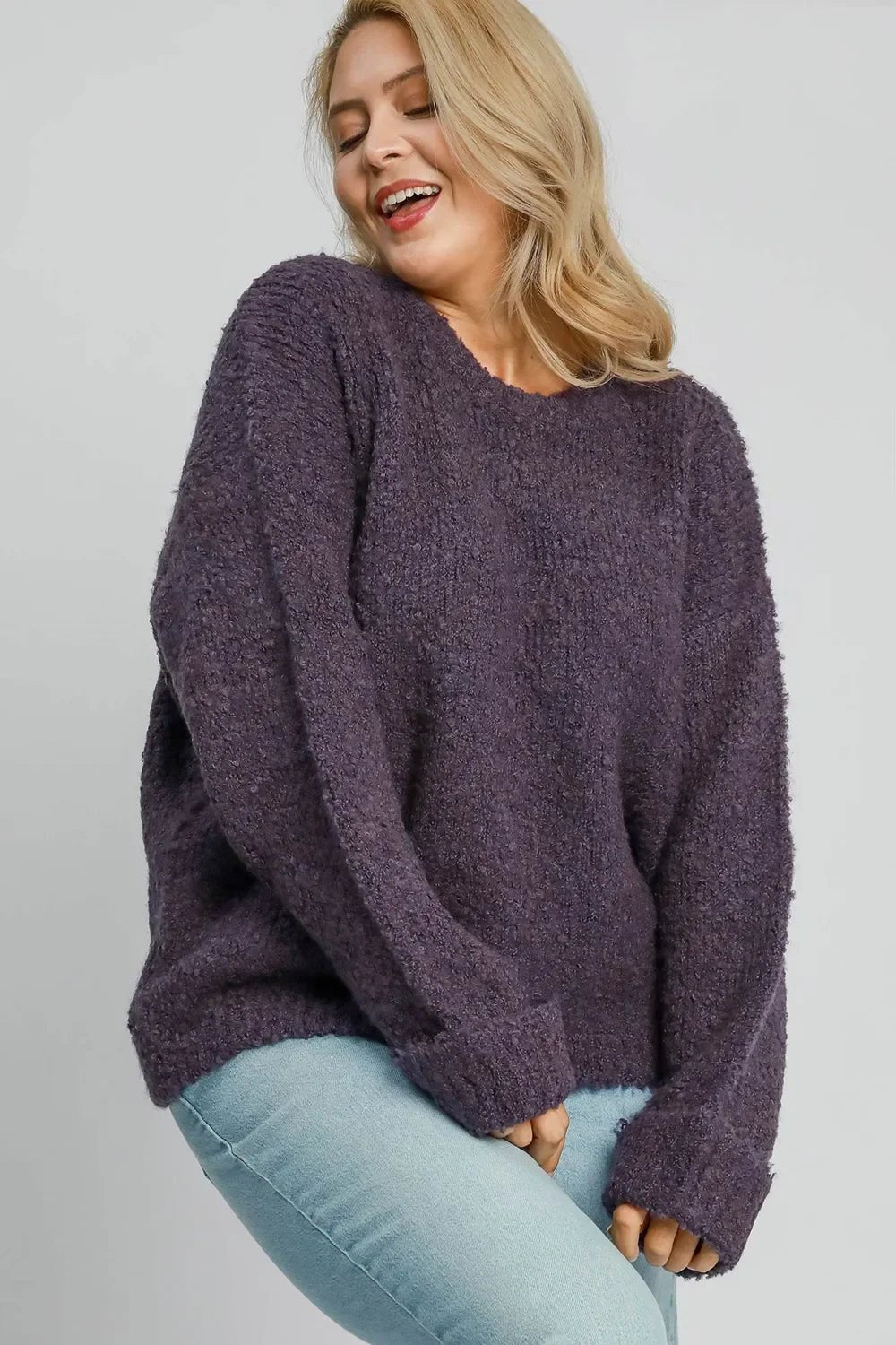 Umgee Full Size Round Neck Long Sleeve Boucle Sweater Plus Size - Quarter Circle AK Boutique