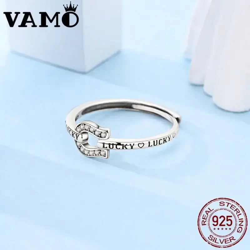 Zircon Lucky in Love Horseshoe Ring, Horse Lover Ring, Sterling Silver