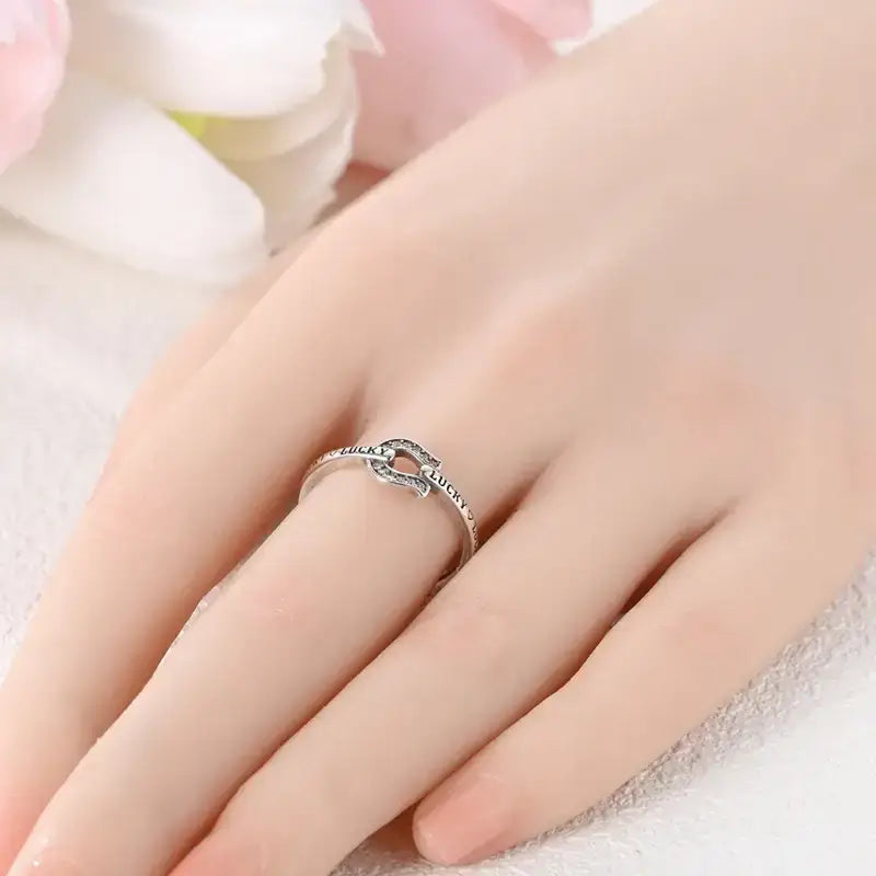 Zircon Lucky in Love Horseshoe Ring, Horse Lover Ring, Sterling Silver