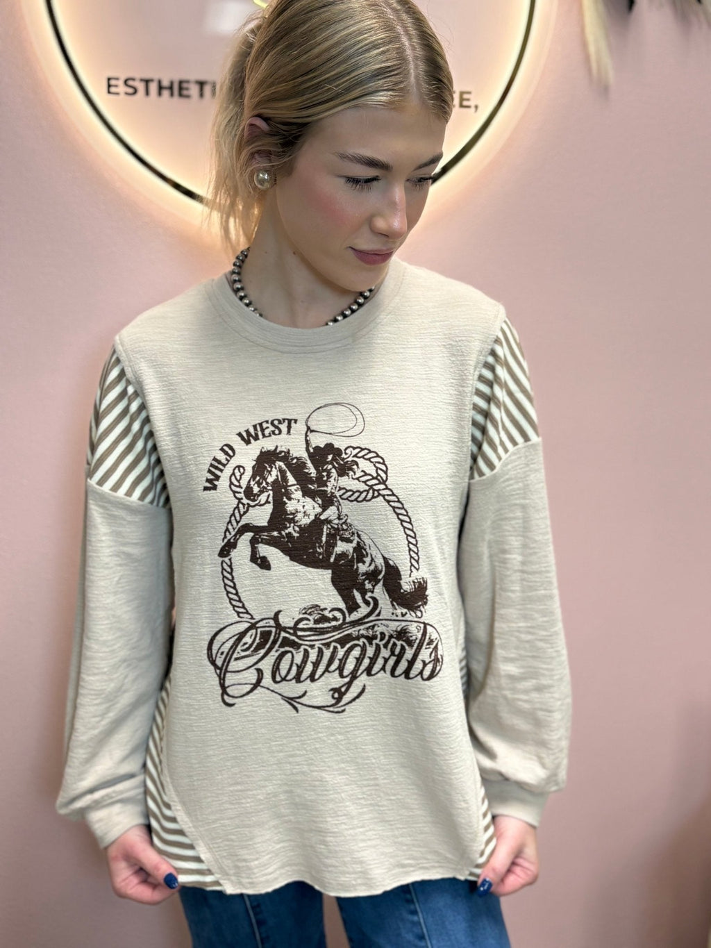 VERY J "Wild West Cowgirls" Western Graphic Knit Top — Oversized Mixed Media (Taupe or Olive) - Quarter Circle AK Boutique