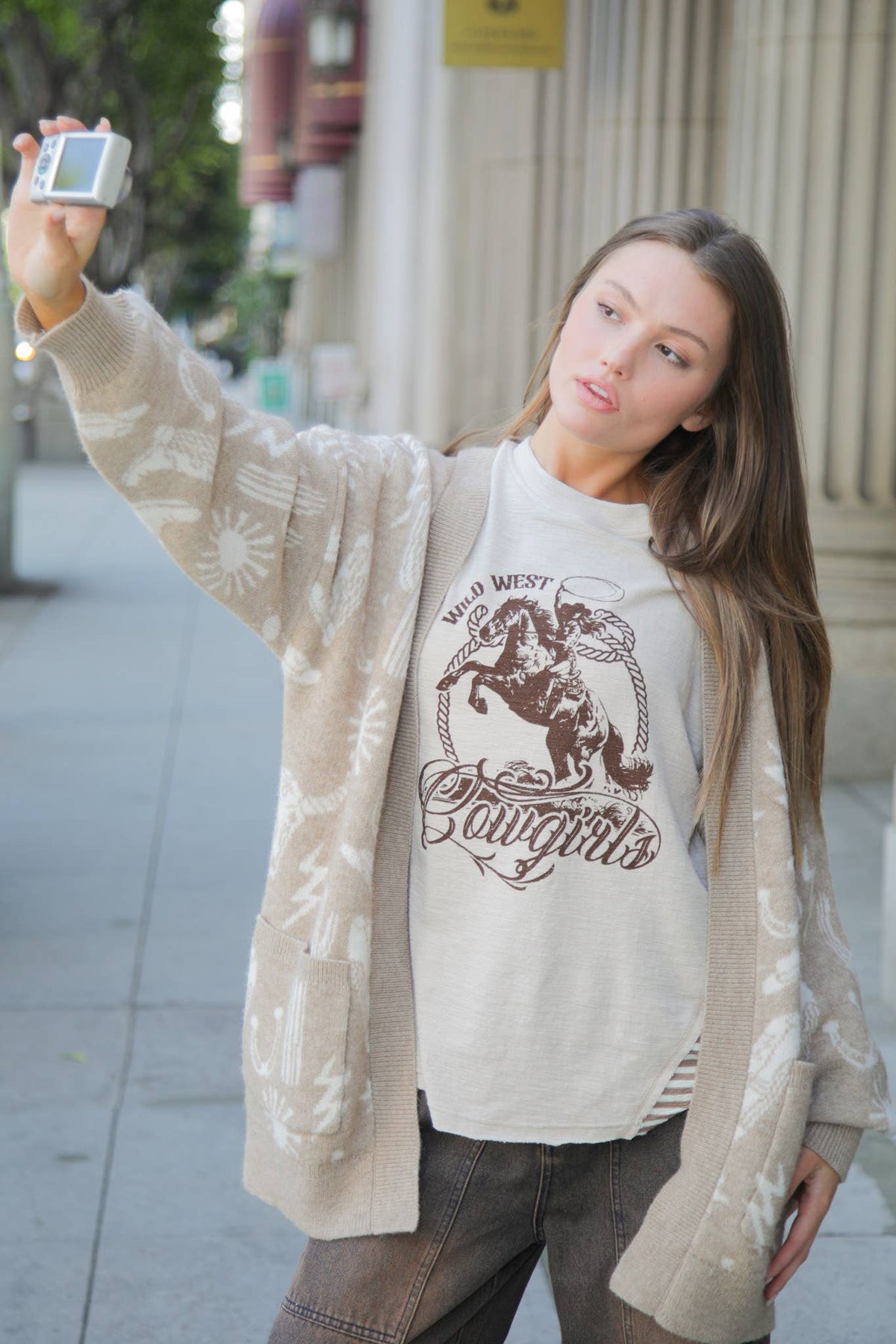 VERY J "Wild West Cowgirls" Western Graphic Knit Top — Oversized Mixed Media (Taupe or Olive) - Quarter Circle AK Boutique