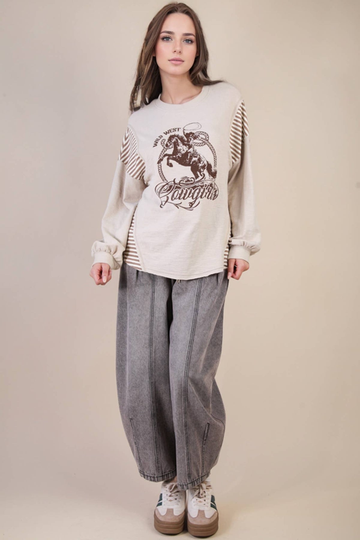 VERY J "Wild West Cowgirls" Western Graphic Knit Top — Oversized Mixed Media (Taupe or Olive) - Quarter Circle AK Boutique