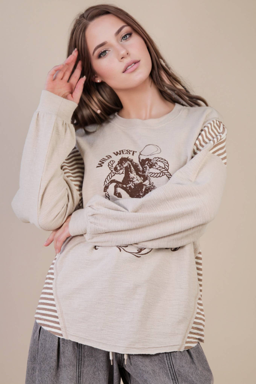 VERY J "Wild West Cowgirls" Western Graphic Knit Top — Oversized Mixed Media (Taupe or Olive) - Quarter Circle AK Boutique