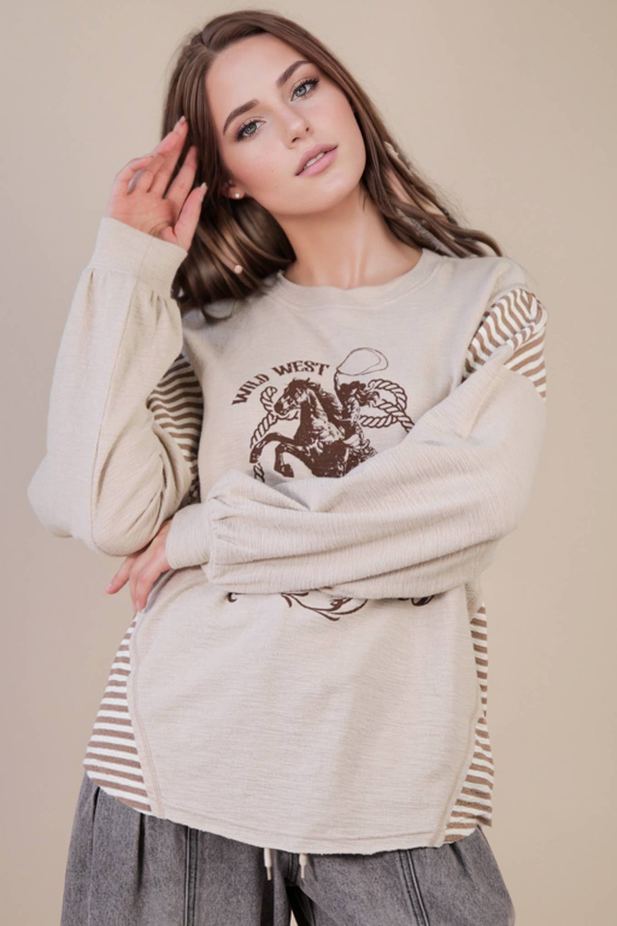 VERY J "Wild West Cowgirls" Western Graphic Knit Top — Oversized Mixed Media (Taupe or Olive) - Quarter Circle AK Boutique
