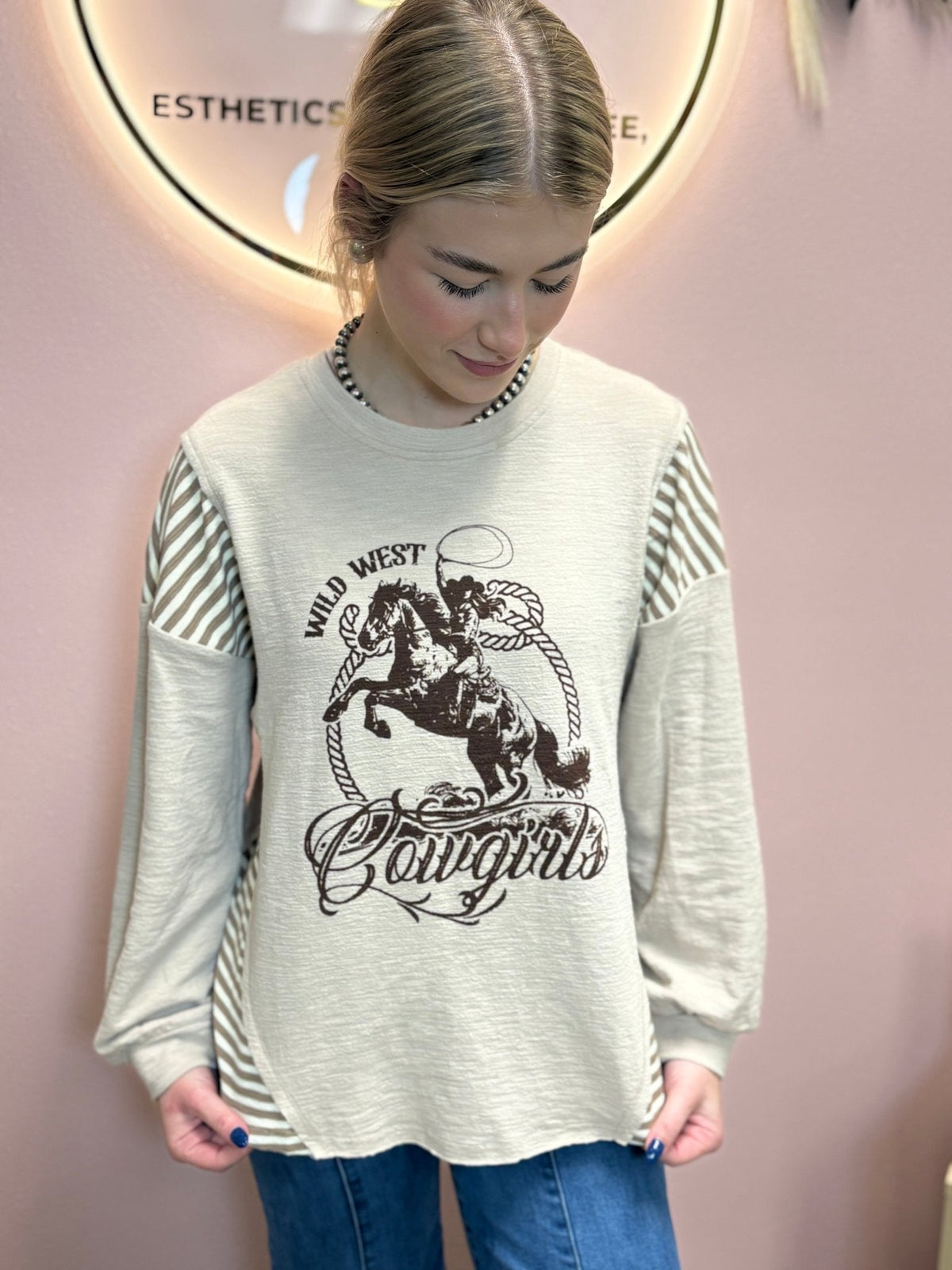 VERY J "Wild West Cowgirls" Western Graphic Knit Top — Oversized Mixed Media (Taupe or Olive) - Quarter Circle AK Boutique
