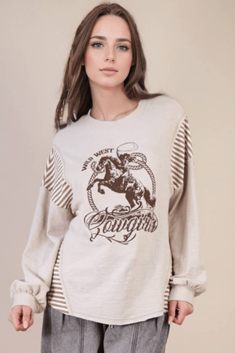 VERY J "Wild West Cowgirls" Western Graphic Knit Top — Oversized Mixed Media (Taupe or Olive) - Quarter Circle AK Boutique