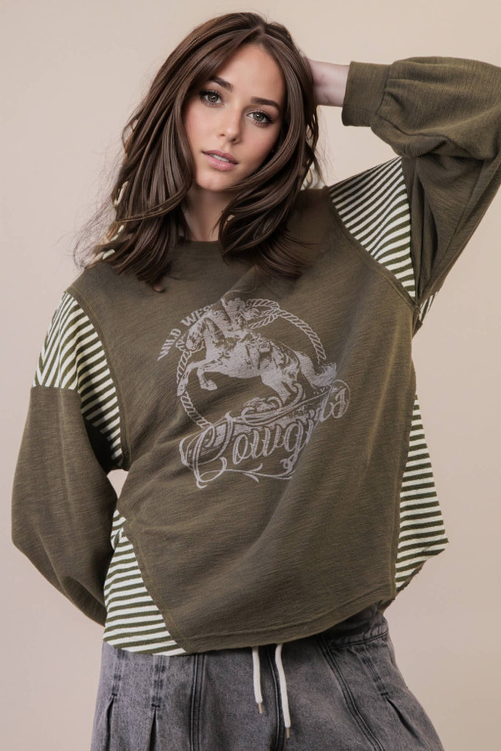 VERY J "Wild West Cowgirls" Western Graphic Knit Top — Oversized Mixed Media (Taupe or Olive) - Quarter Circle AK Boutique