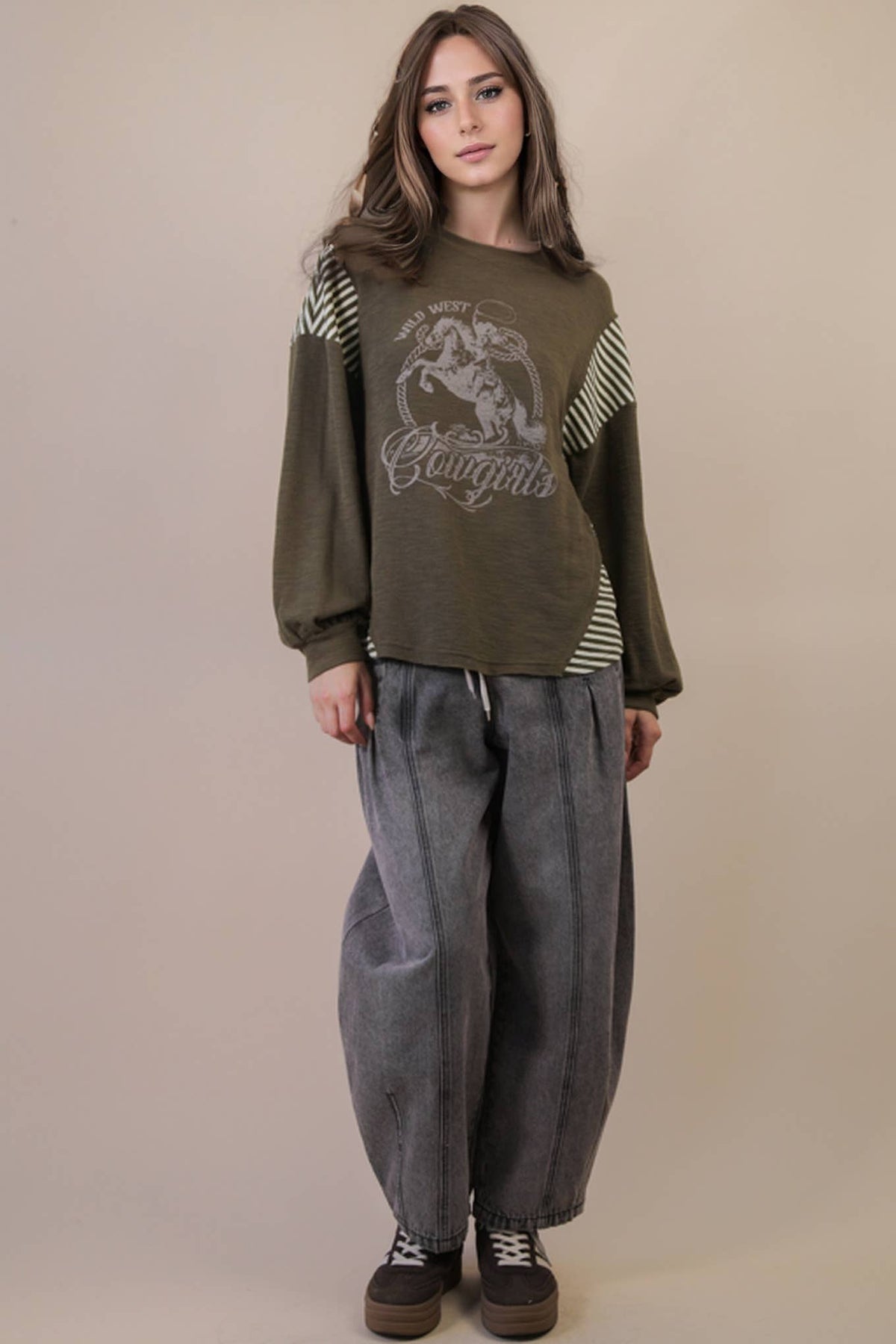 VERY J "Wild West Cowgirls" Western Graphic Knit Top — Oversized Mixed Media (Taupe or Olive) - Quarter Circle AK Boutique