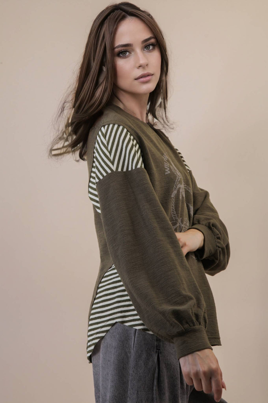 VERY J "Wild West Cowgirls" Western Graphic Knit Top — Oversized Mixed Media (Taupe or Olive) - Quarter Circle AK Boutique