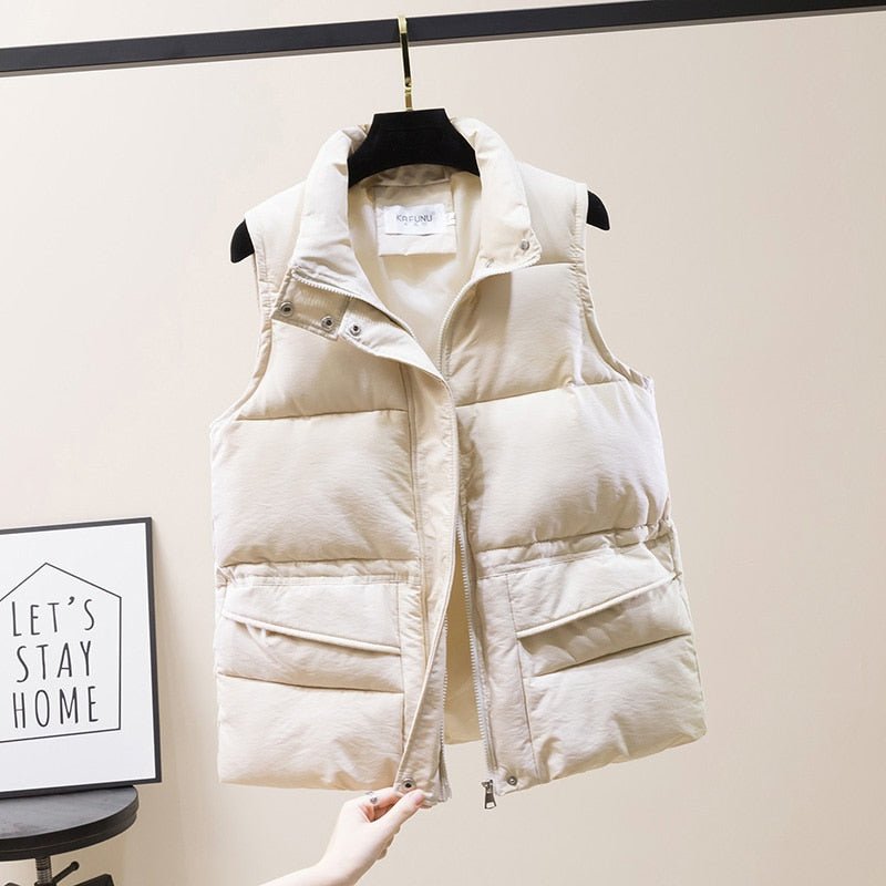 Vest Women Cotton Padded Women's Winter Sleeveless Jacket with Zipper Stand Collar Casual Coats - Quarter Circle AK Boutique