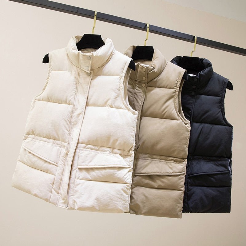 Vest Women Cotton Padded Women's Winter Sleeveless Jacket with Zipper Stand Collar Casual Coats - Quarter Circle AK Boutique