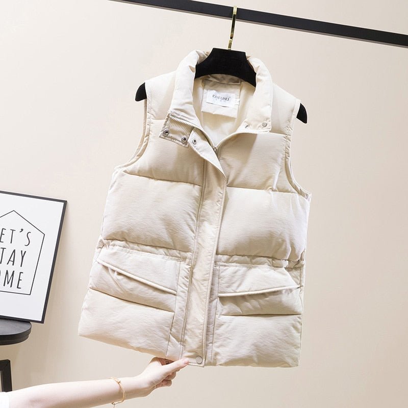 Vest Women Cotton Padded Women's Winter Sleeveless Jacket with Zipper Stand Collar Casual Coats - Quarter Circle AK Boutique