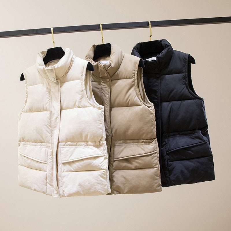Vest Women Cotton Padded Women's Winter Sleeveless Jacket with Zipper Stand Collar Casual Coats - Quarter Circle AK Boutique