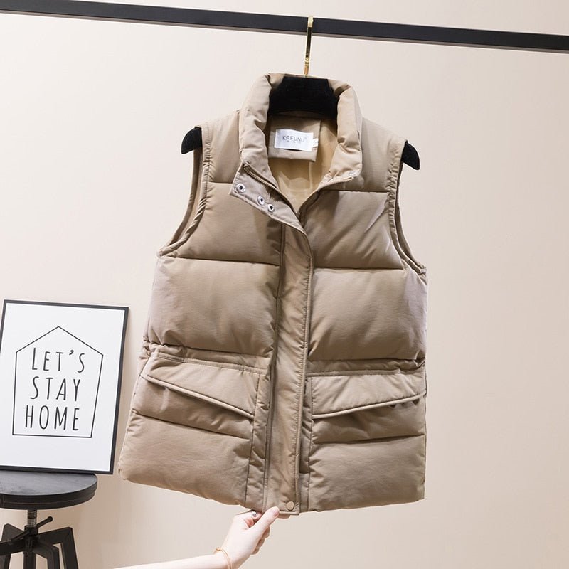 Vest Women Cotton Padded Women's Winter Sleeveless Jacket with Zipper Stand Collar Casual Coats - Quarter Circle AK Boutique