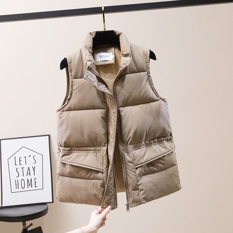 Vest Women Cotton Padded Women's Winter Sleeveless Jacket with Zipper Stand Collar Casual Coats - Quarter Circle AK Boutique