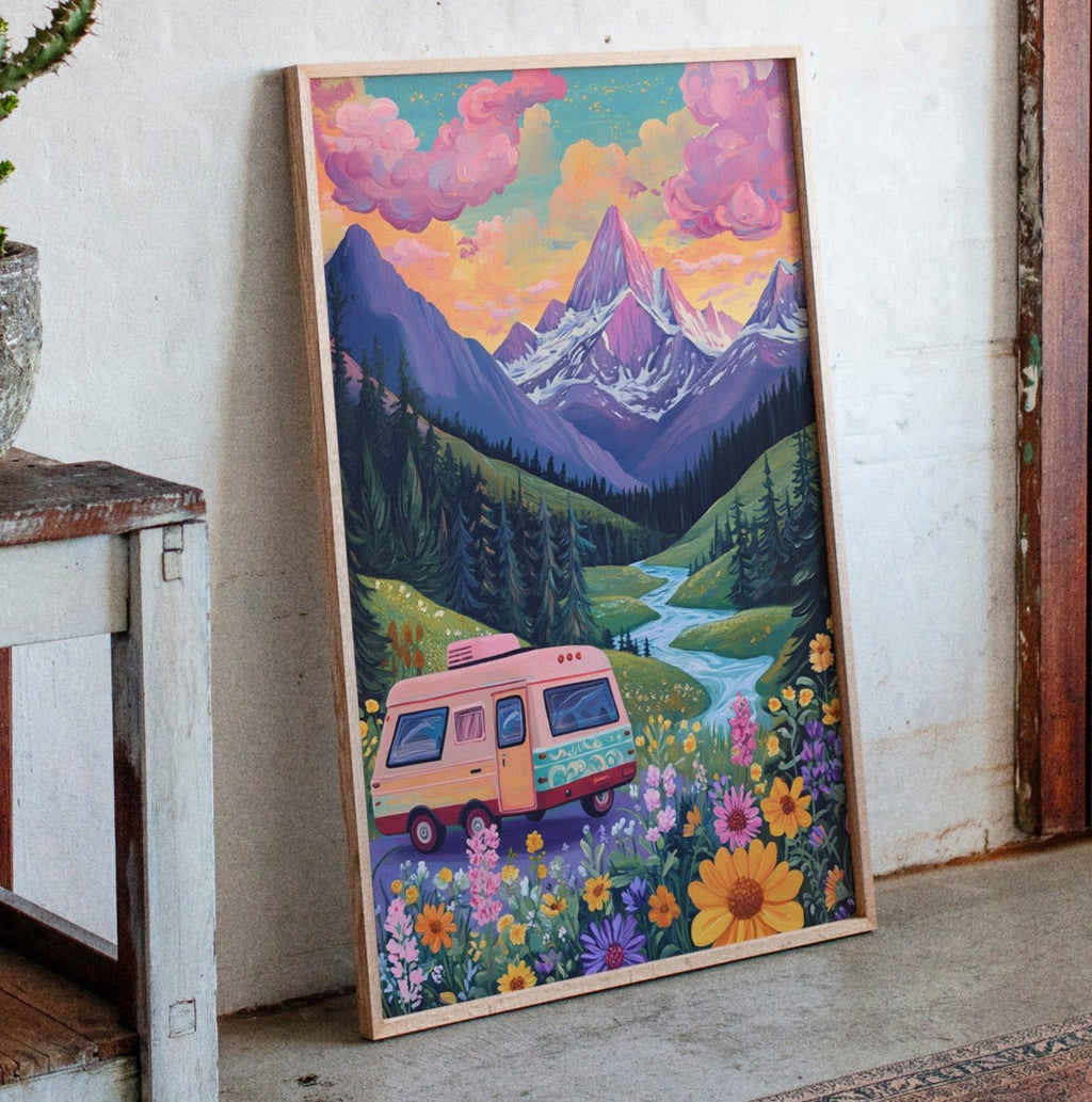 Vibrant Camper Van Landscape Canvas Art - Quarter Circle AK Boutique