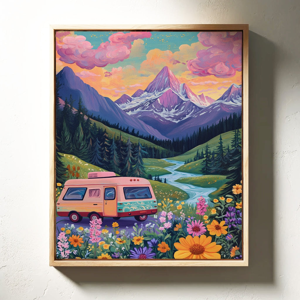 Vibrant Camper Van Landscape Canvas Art - Quarter Circle AK Boutique