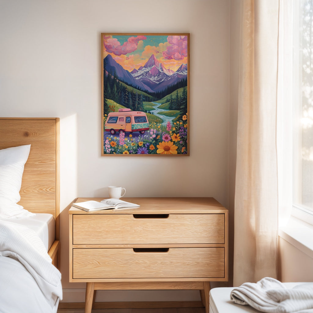 Vibrant Camper Van Landscape Canvas Art - Quarter Circle AK Boutique