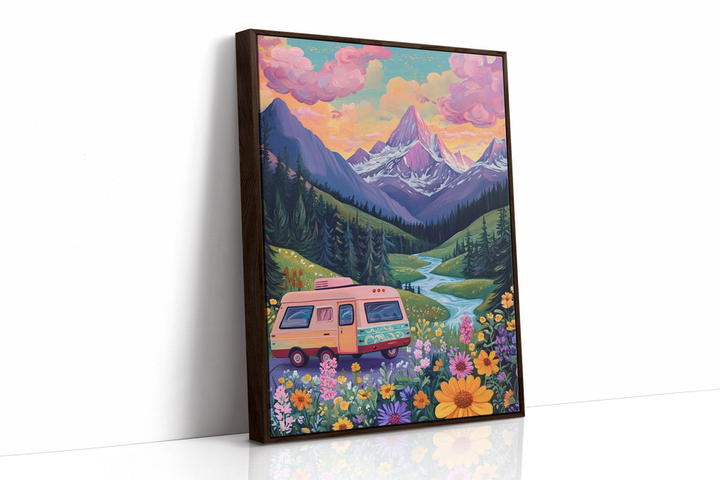 Vibrant Camper Van Landscape Canvas Art - Quarter Circle AK Boutique