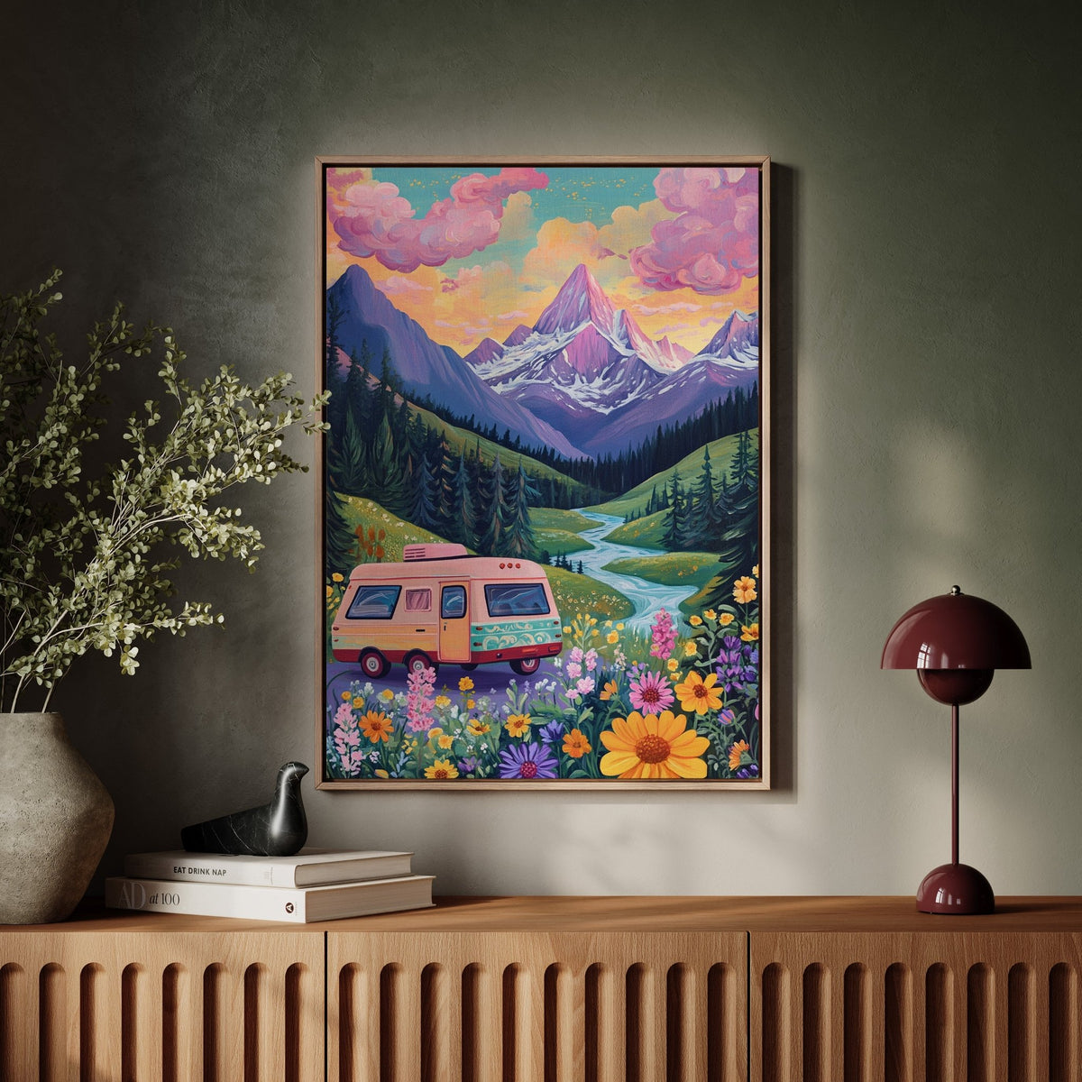 Vibrant Camper Van Landscape Canvas Art - Quarter Circle AK Boutique