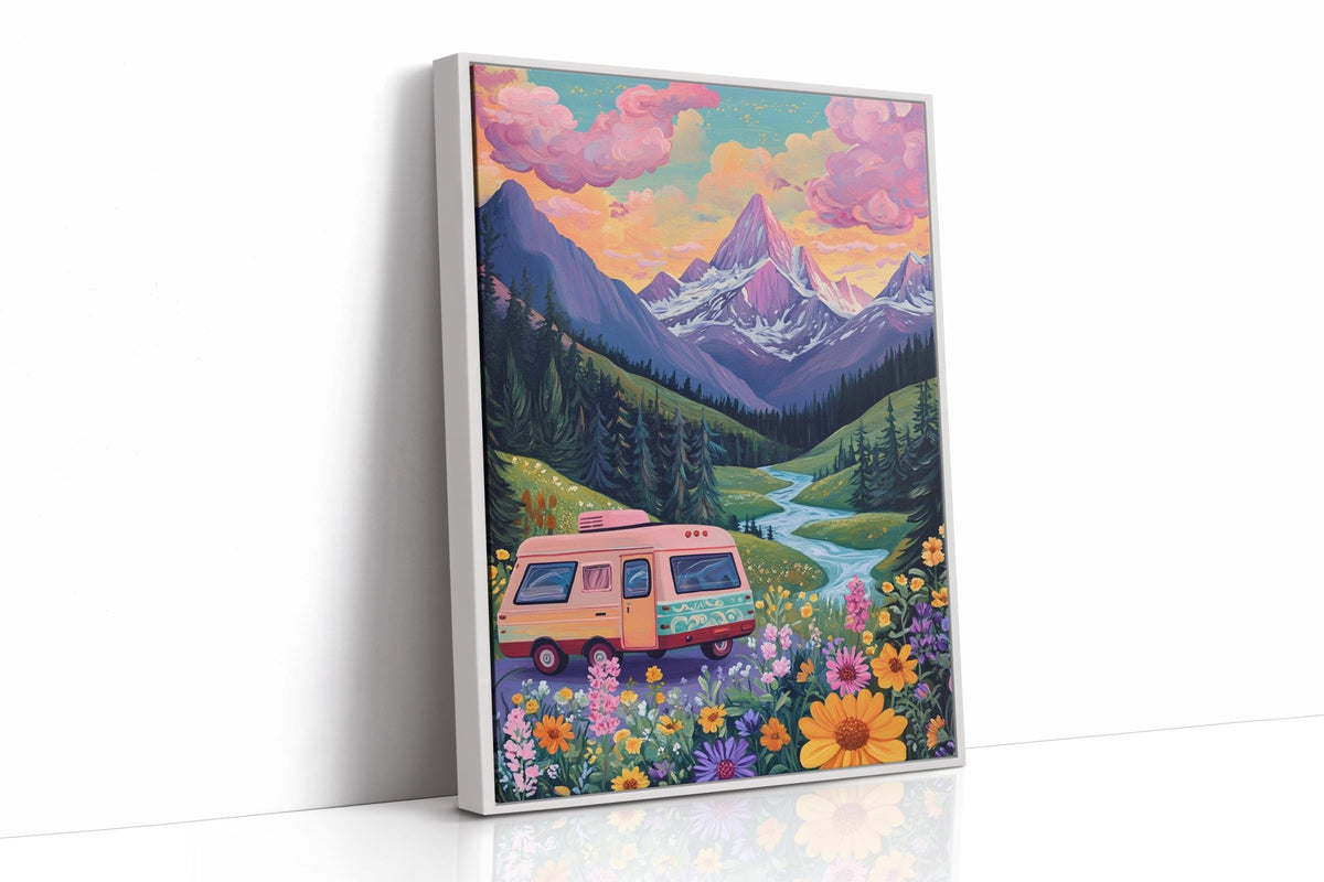 Vibrant Camper Van Landscape Canvas Art - Quarter Circle AK Boutique