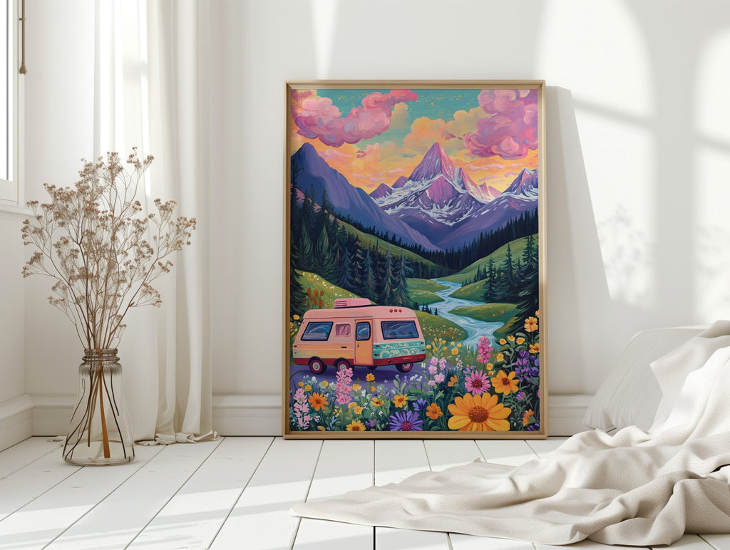 Vibrant Camper Van Landscape Canvas Art - Quarter Circle AK Boutique