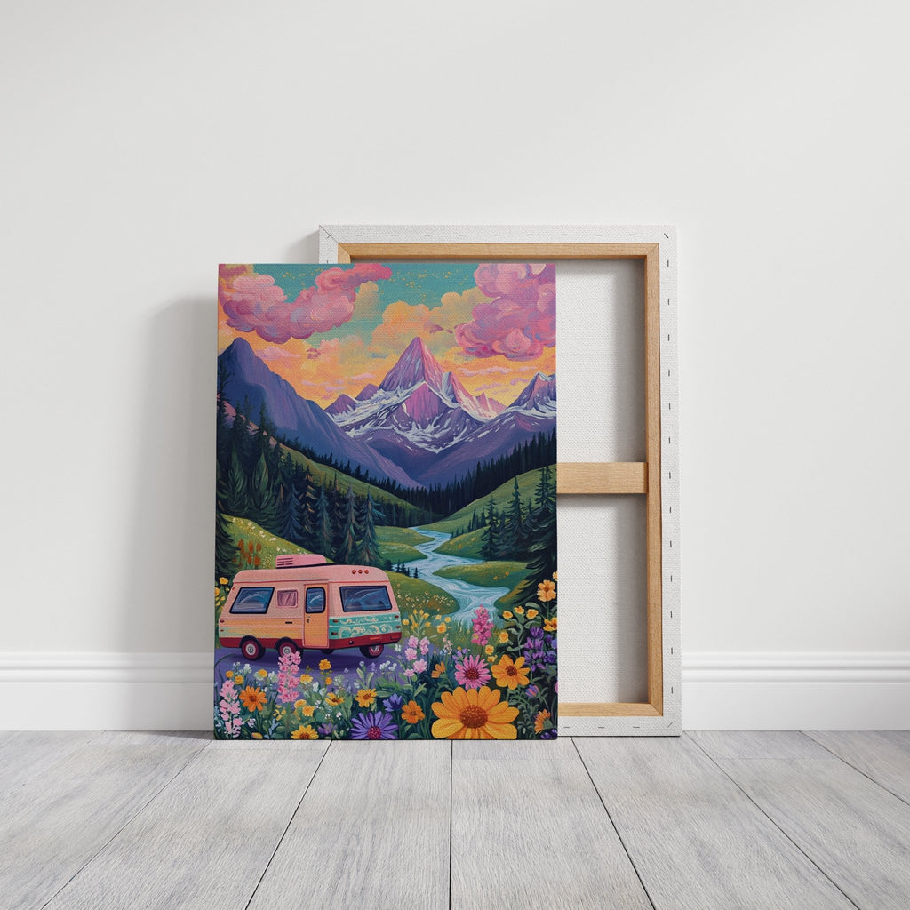 Vibrant Camper Van Landscape Canvas Art - Quarter Circle AK Boutique