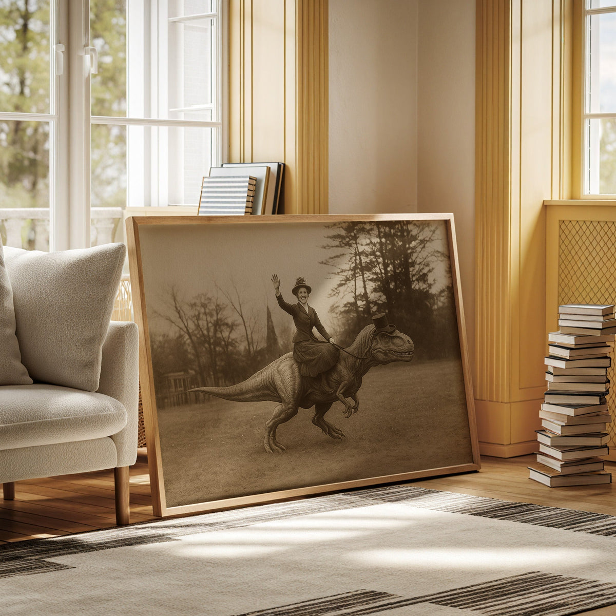Victorian Lady Riding a Top-Hat T-Rex - Quarter Circle AK Boutique