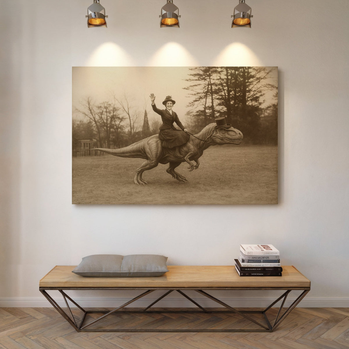 Victorian Lady Riding a Top-Hat T-Rex - Quarter Circle AK Boutique