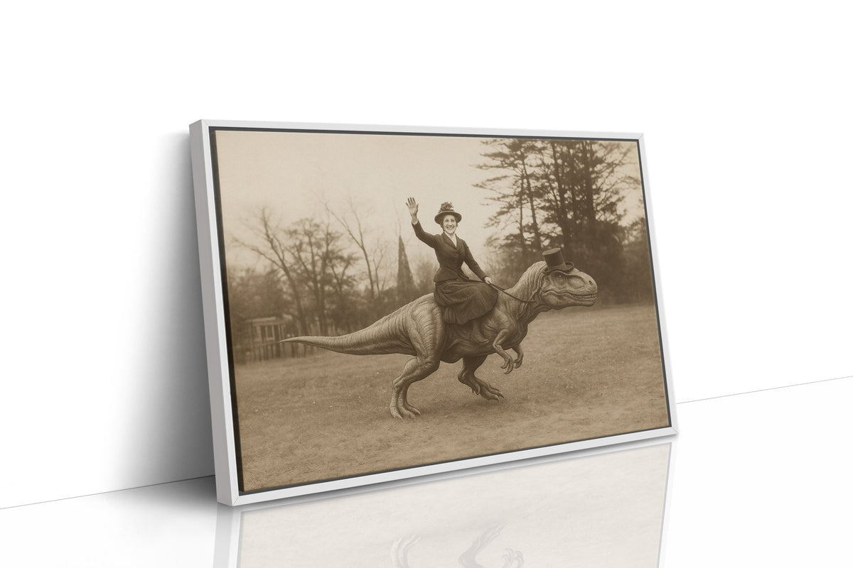 Victorian Lady Riding a Top-Hat T-Rex - Quarter Circle AK Boutique