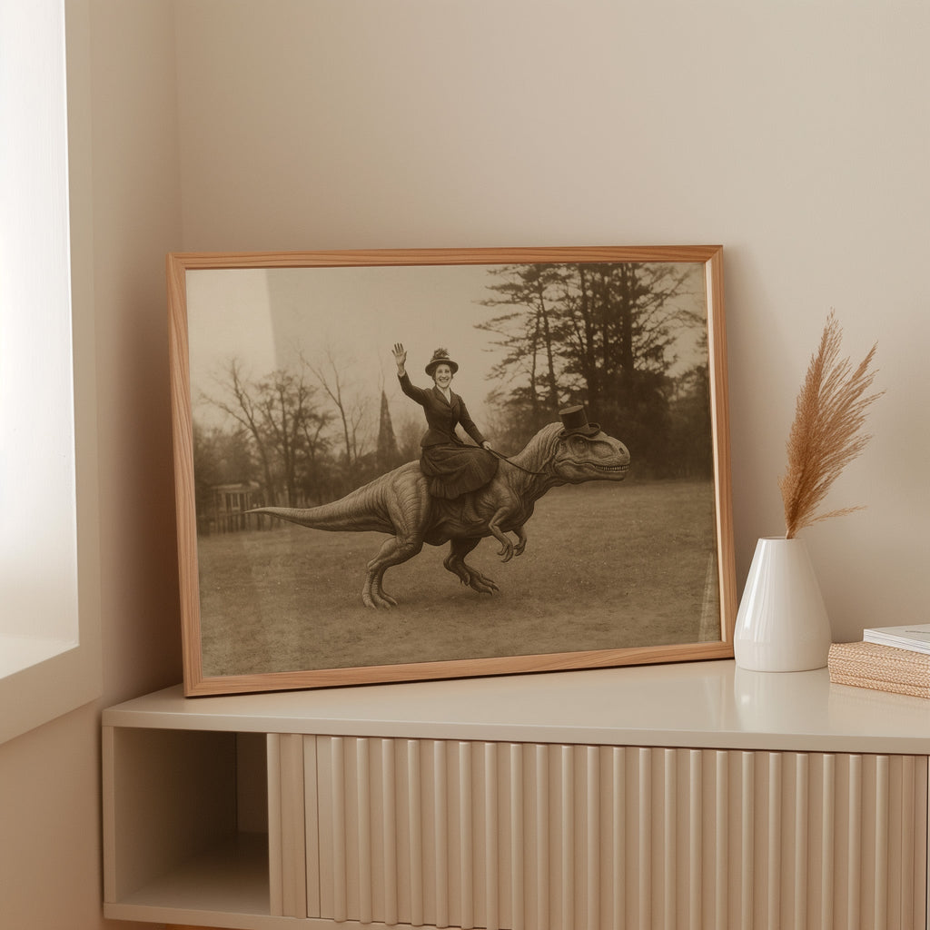 Victorian Lady Riding a Top-Hat T-Rex - Quarter Circle AK Boutique