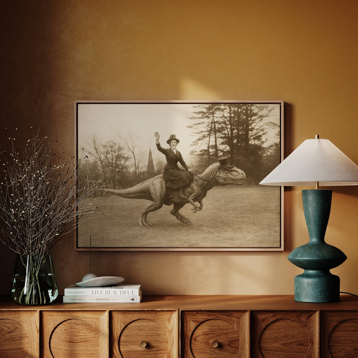 Victorian Lady Riding a Top-Hat T-Rex - Quarter Circle AK Boutique