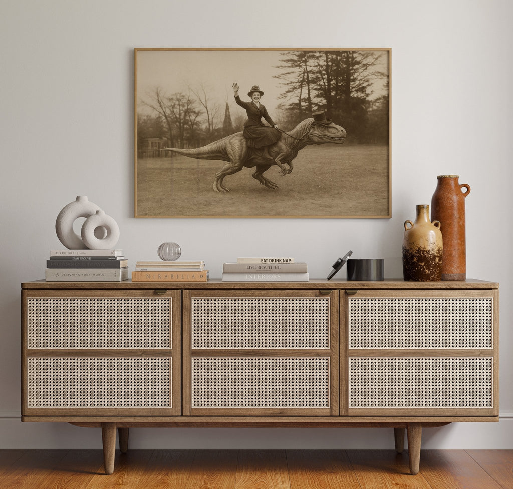 Victorian Lady Riding a Top-Hat T-Rex - Quarter Circle AK Boutique