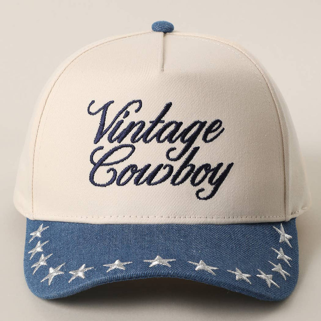 "Vintage Cowboy" Embroidered Star Brim Trucker Hat — Denim Brim with 5-Panel Cotton Construction
