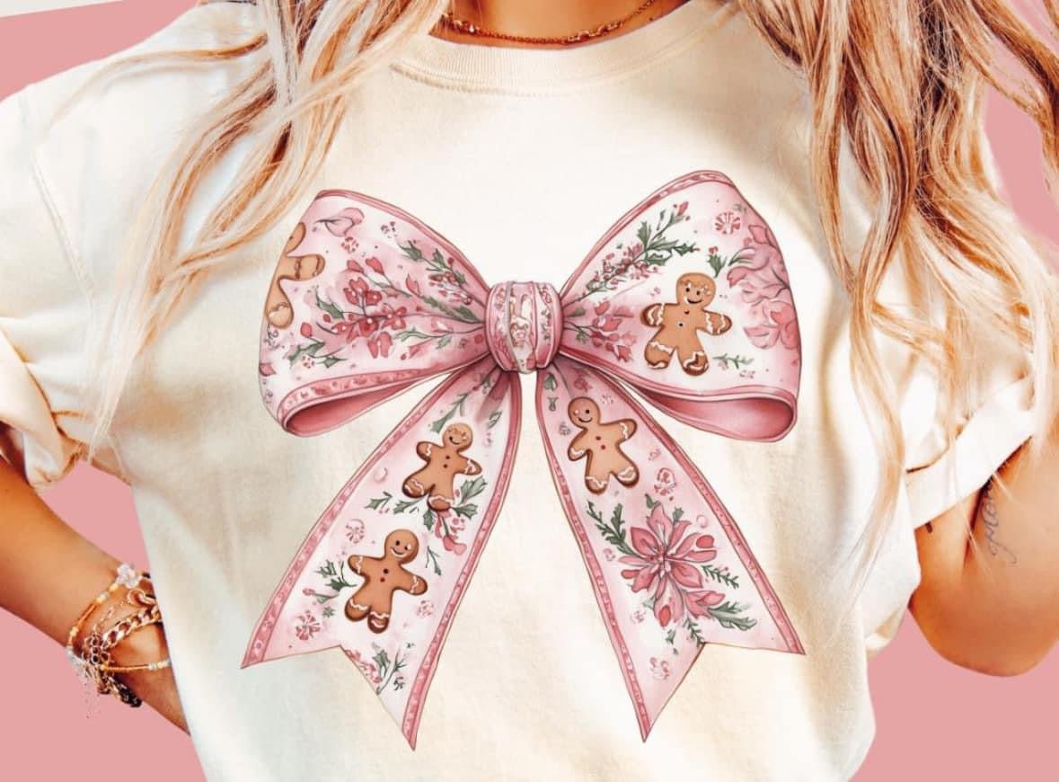 Vintage gingerbread pink bow design tee / sweatshirt l - Quarter Circle AK Boutique