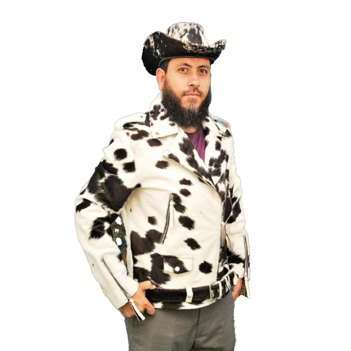 Vintage Jacket for Men, Black White Cow Hide Leather jacket. - Quarter Circle AK Boutique