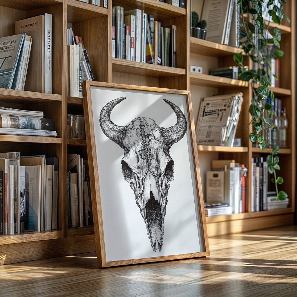 Western Bison Skull – Black Ink Rustic Wall Art - Quarter Circle AK Boutique