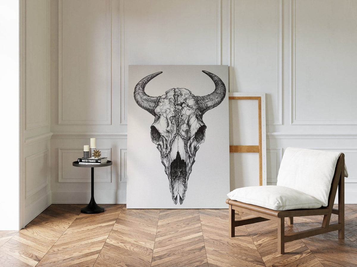 Western Bison Skull – Black Ink Rustic Wall Art - Quarter Circle AK Boutique