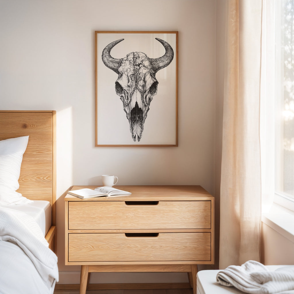 Western Bison Skull – Black Ink Rustic Wall Art - Quarter Circle AK Boutique