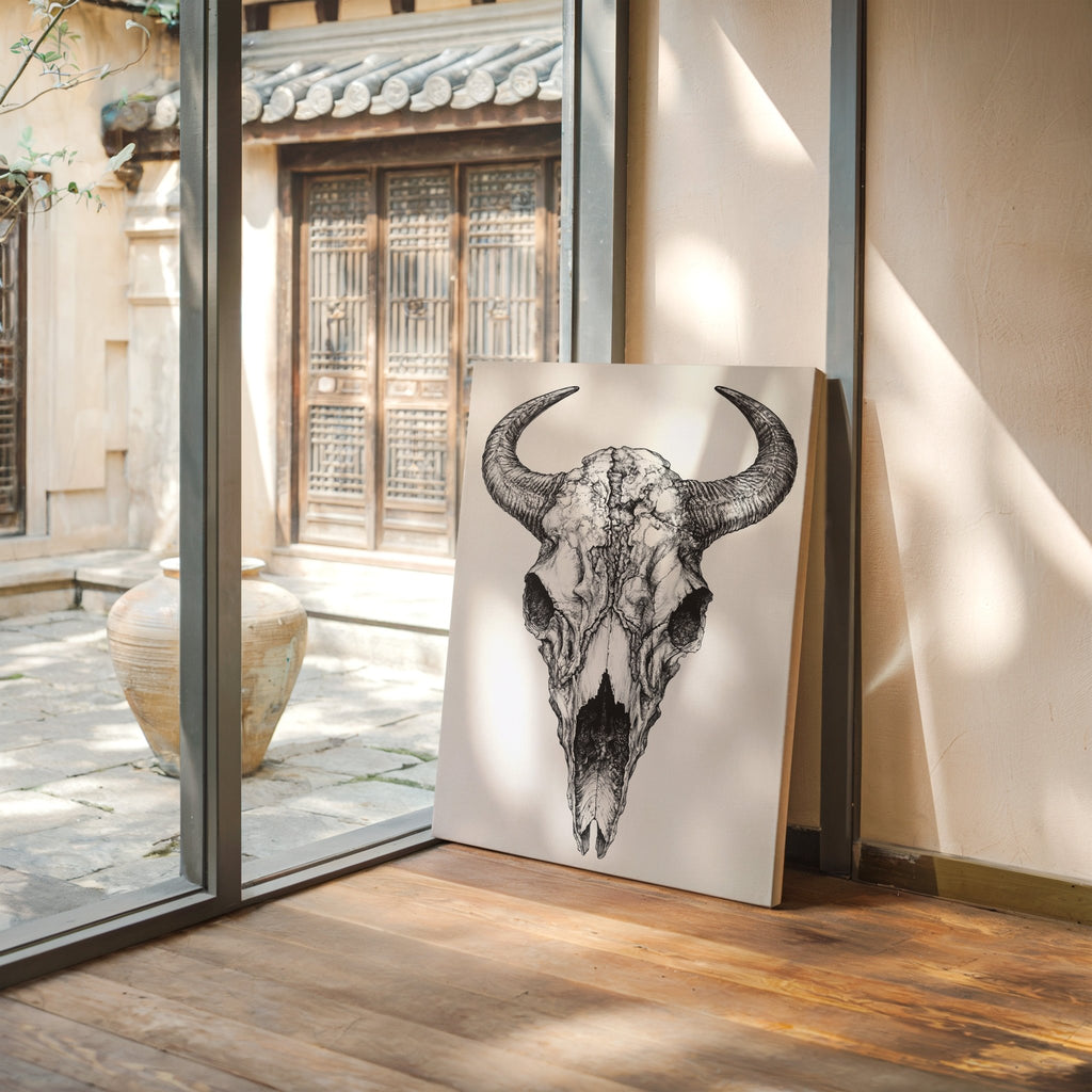 Western Bison Skull – Black Ink Rustic Wall Art - Quarter Circle AK Boutique