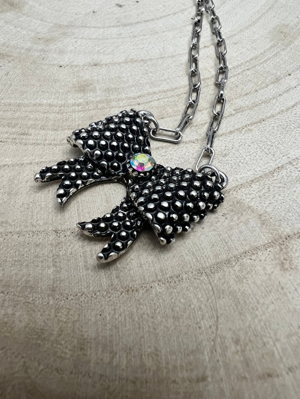 Western Bow Design Rhinestone Ribbon Necklace — Paperclip Chain with Western Pattern Ribbon (18 Inch)
