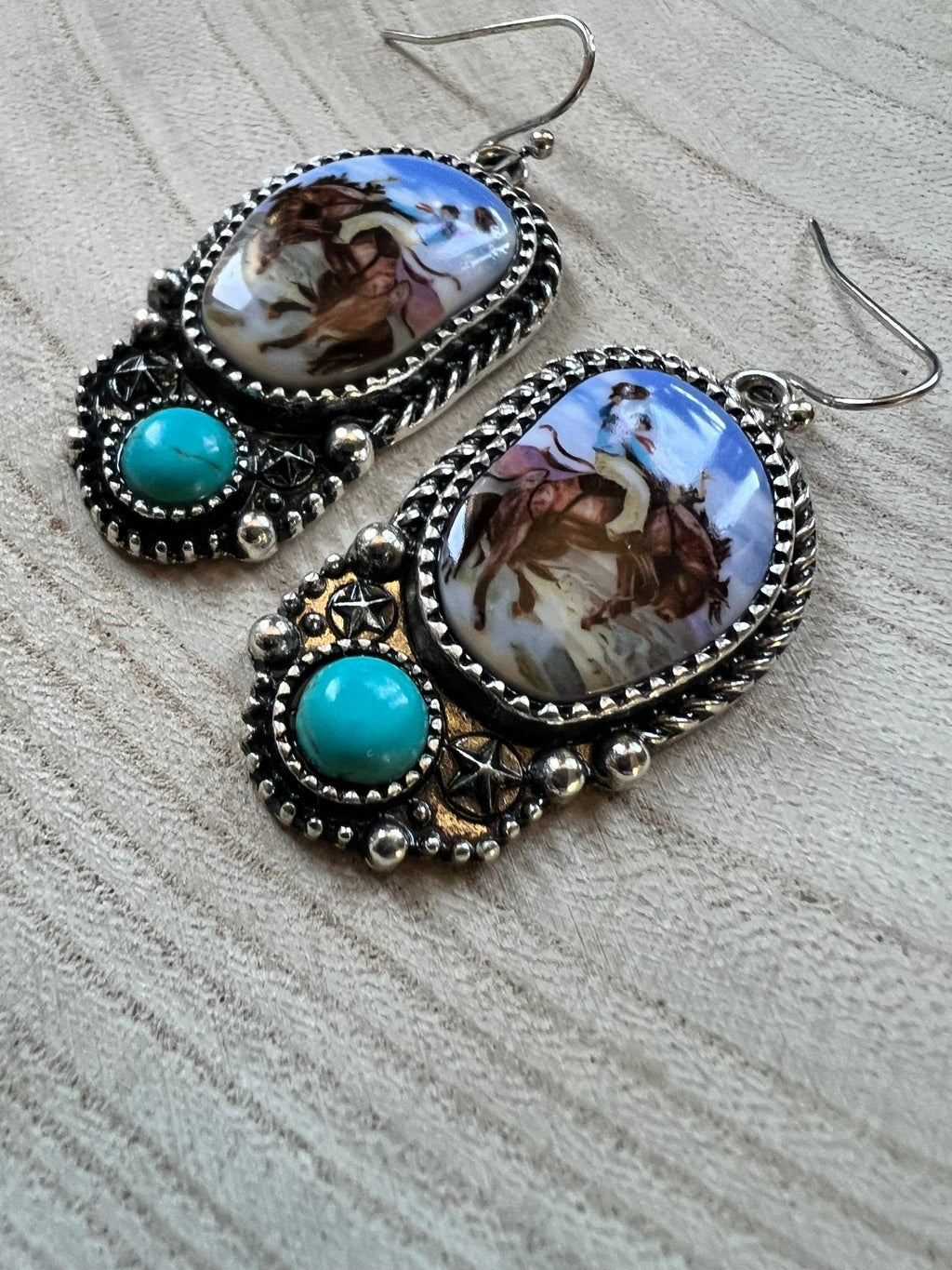 Western Bronc Print Oval & Faux Turquoise Earrings — Matching Rodeo Set