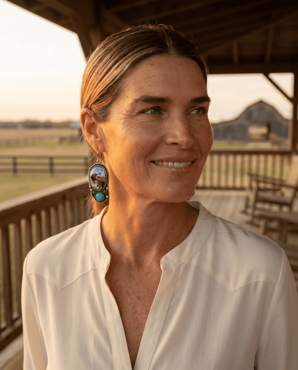 Western Bronc Print Oval & Faux Turquoise Earrings — Matching Rodeo Set
