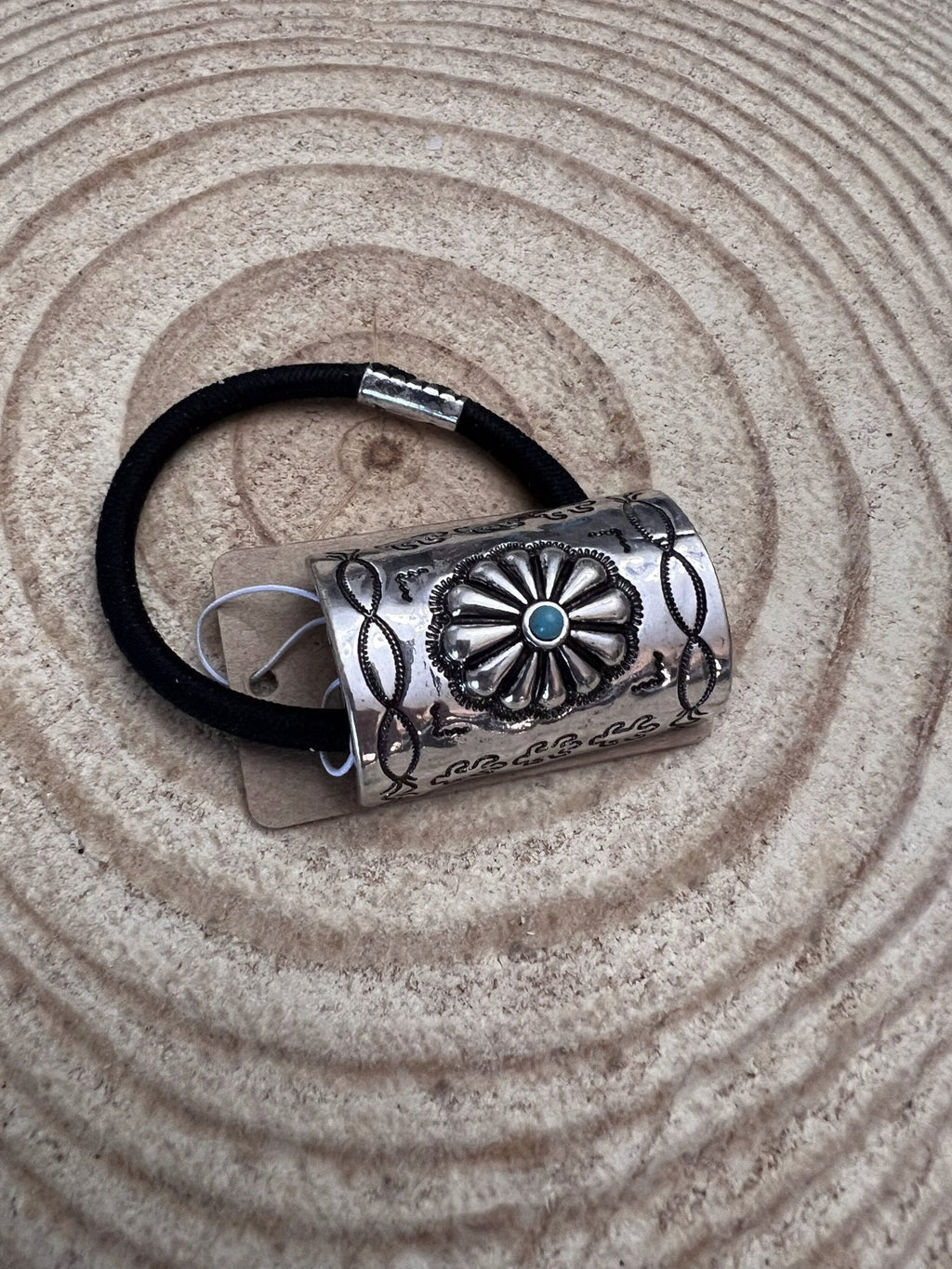Western Concho & Faux Turquoise Stone Hair Tie — Burnished Silver Hair Statement