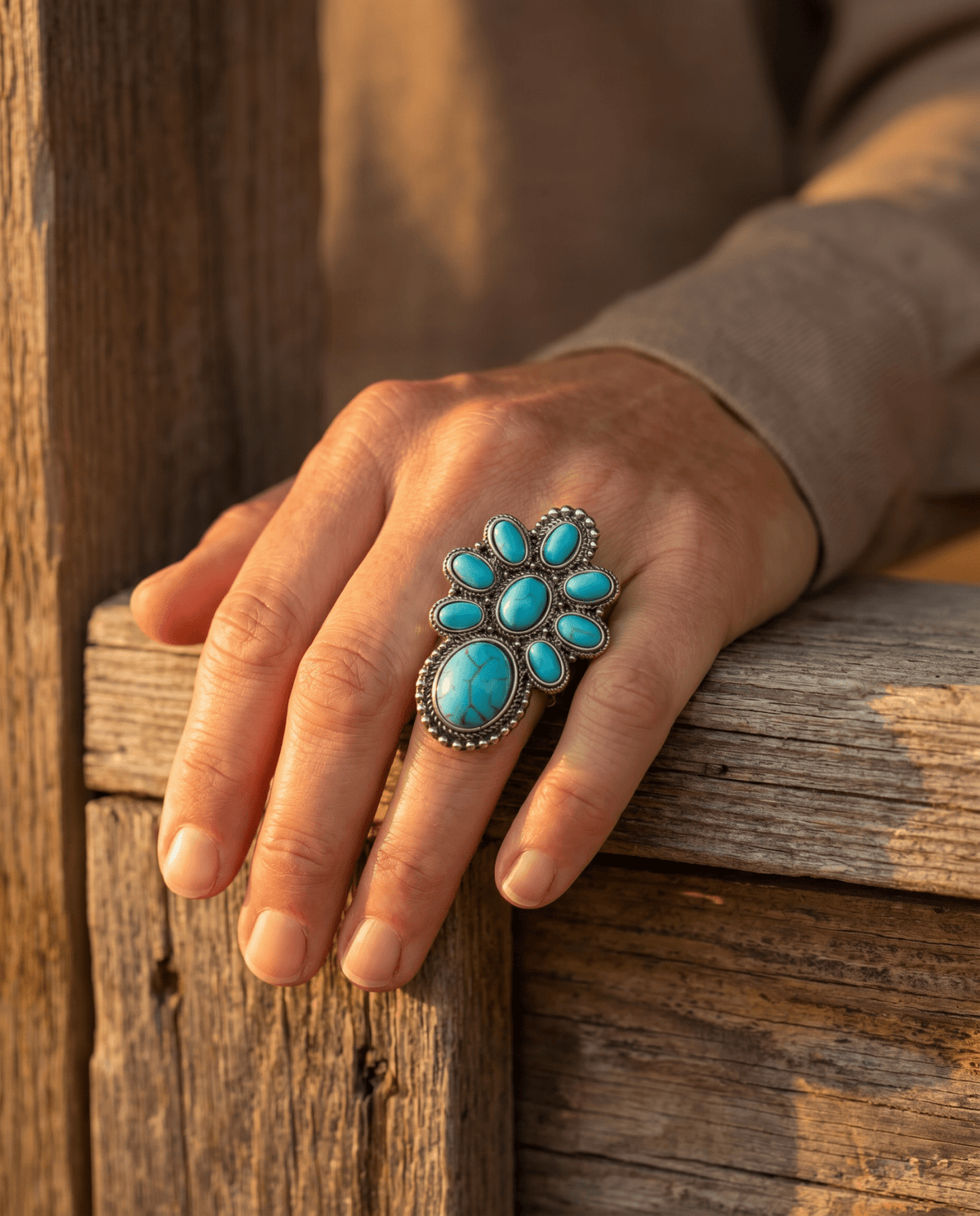 Western Faux Turquoise Cluster Adjustable Cuff Ring — Statement Size