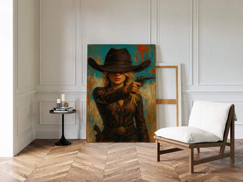 Western Grit: Cowgirl With Revolver Canvas Art - Quarter Circle AK Boutique