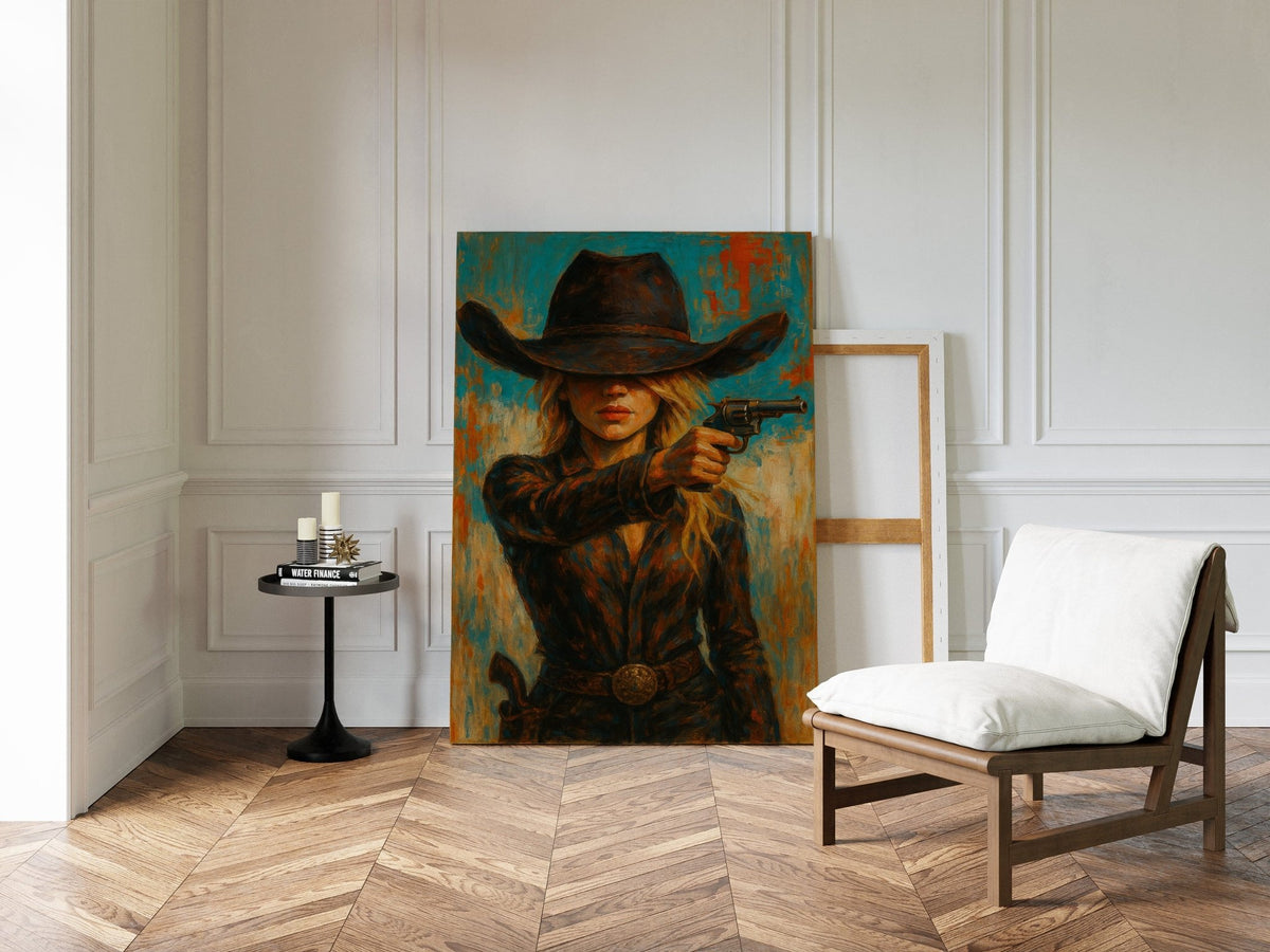 Western Grit: Cowgirl With Revolver Canvas Art - Quarter Circle AK Boutique