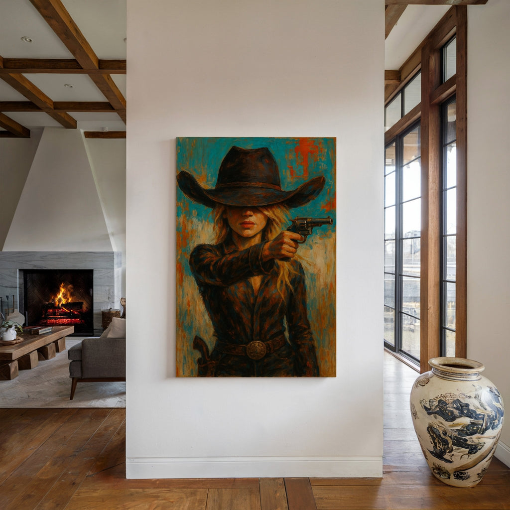 Western Grit: Cowgirl With Revolver Canvas Art - Quarter Circle AK Boutique