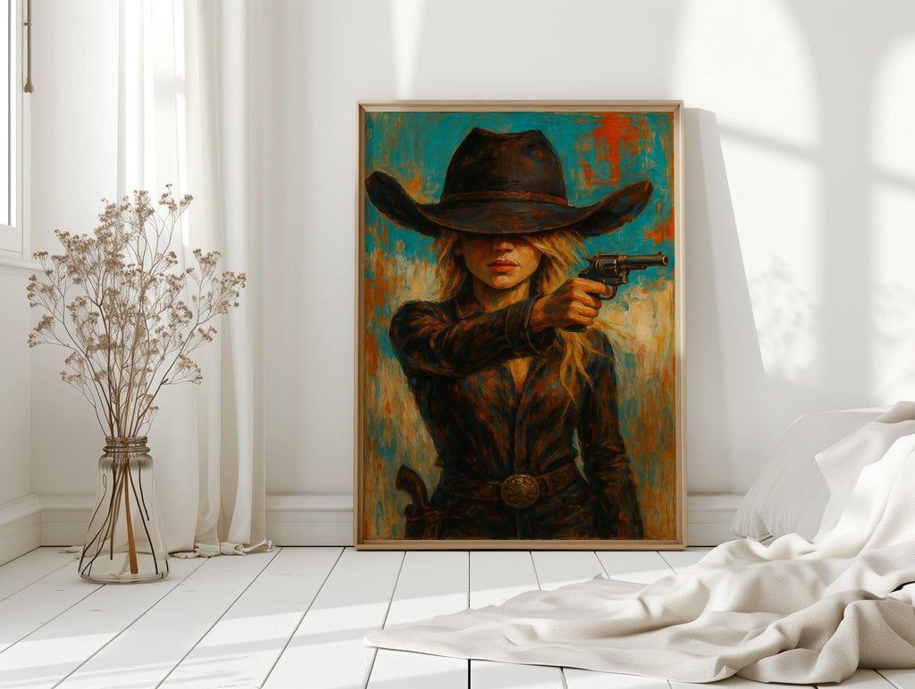 Western Grit: Cowgirl With Revolver Canvas Art - Quarter Circle AK Boutique